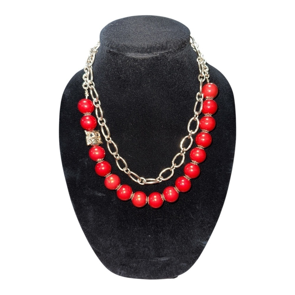 Source Unknown Red and Silver Necklace with Double-Strand Design - Picture 2 of 5